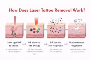 step by step laser tattoo removal process showing ink breakdown and removal using tattoo removal treatment in raipur