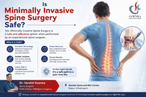 Is Minimally Invasive Spine Surgery Safe infographic featuring advanced spine care by Dr. Harshit Goenka at Goenka Spine and Skin Centre