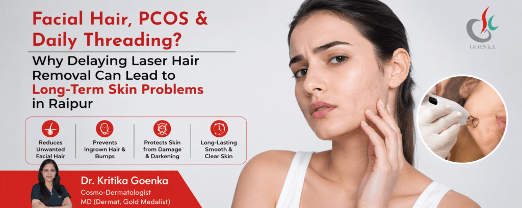 Laser hair removal for facial hair and PCOS in Raipur, highlighting unwanted facial hair, ingrown hair, skin darkening, and long-term skin concerns.